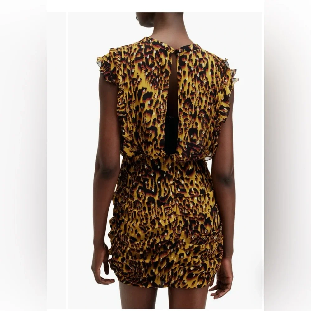 All Saints Hali Pleated Leopard Notes Yellow Multi Mini Dress Size 8 NWT - Picture 6 of 16